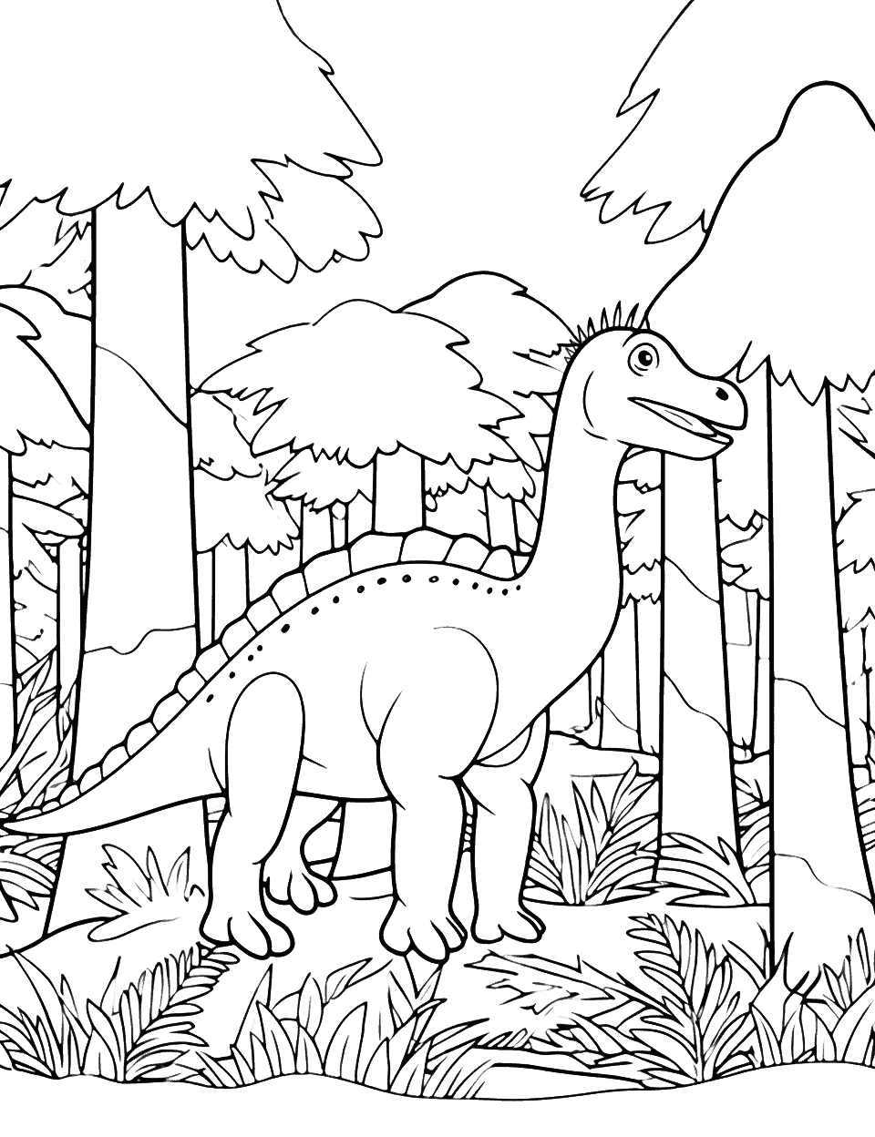 Parasaurolophus in the Forest Coloring Page - A Parasaurolophus calling to its herd in a dense forest.