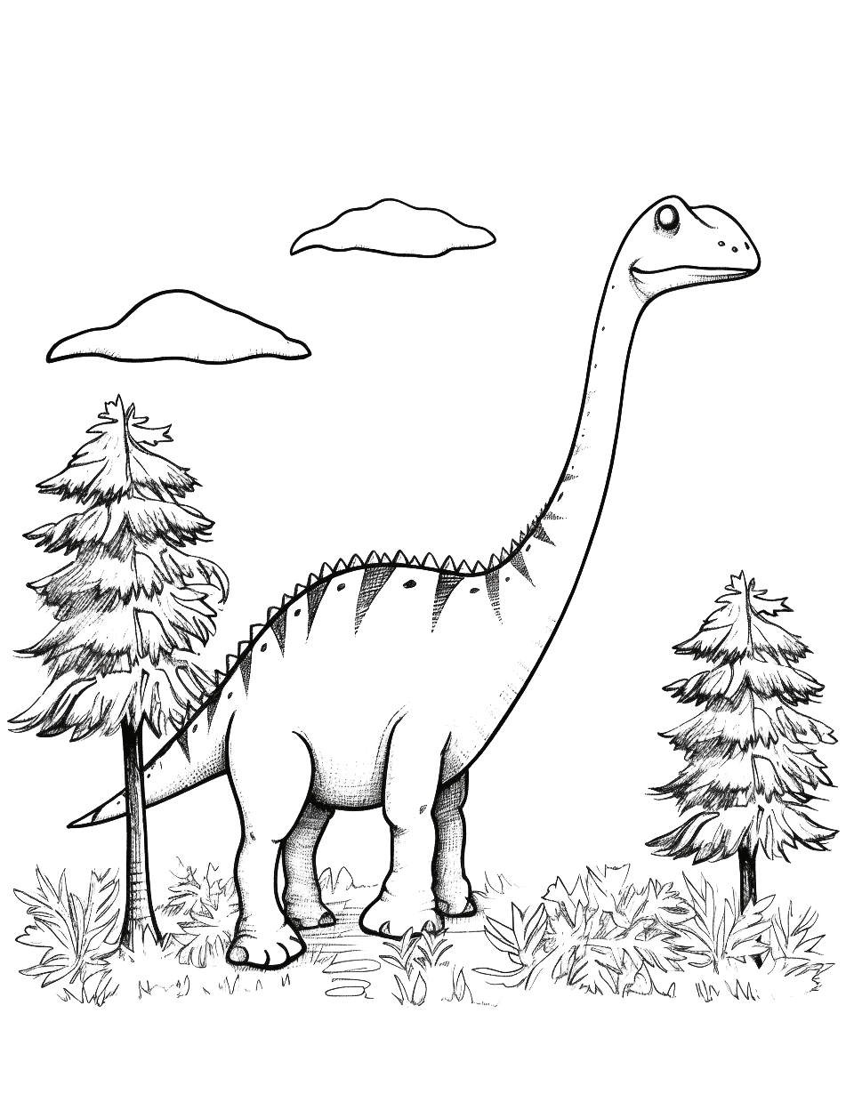 Brachiosaurus Grazing Coloring Page - A Brachiosaurus peacefully grazing on the top of tall trees.