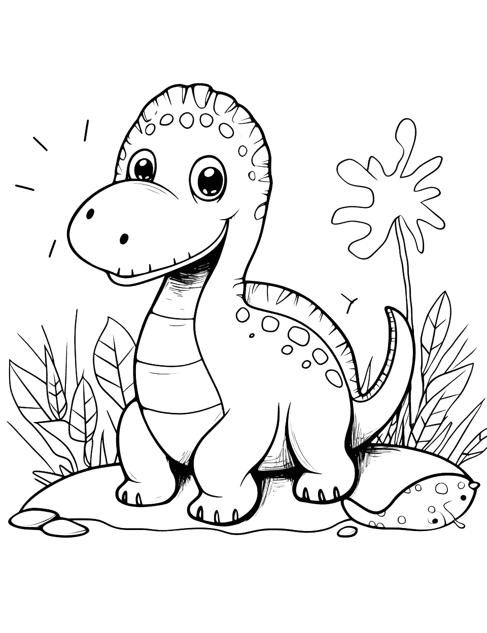 Cute Dino Friend Coloring Page - Cartoonish, cute dinosaur playing outdoors.