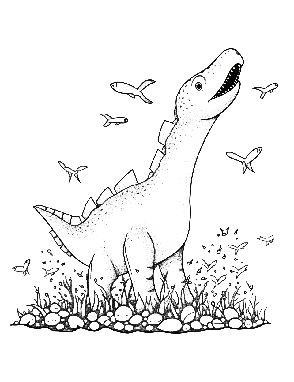Mosasaurus Feeding Time Coloring Page - The gigantic Mosasaurus leaping out of water to catch its prey.