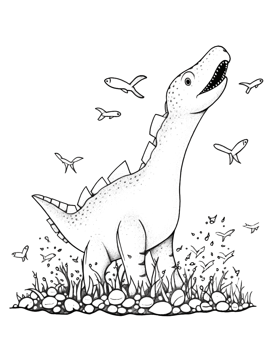 Mosasaurus Feeding Time Coloring Page - The gigantic Mosasaurus leaping out of the water to catch its prey.