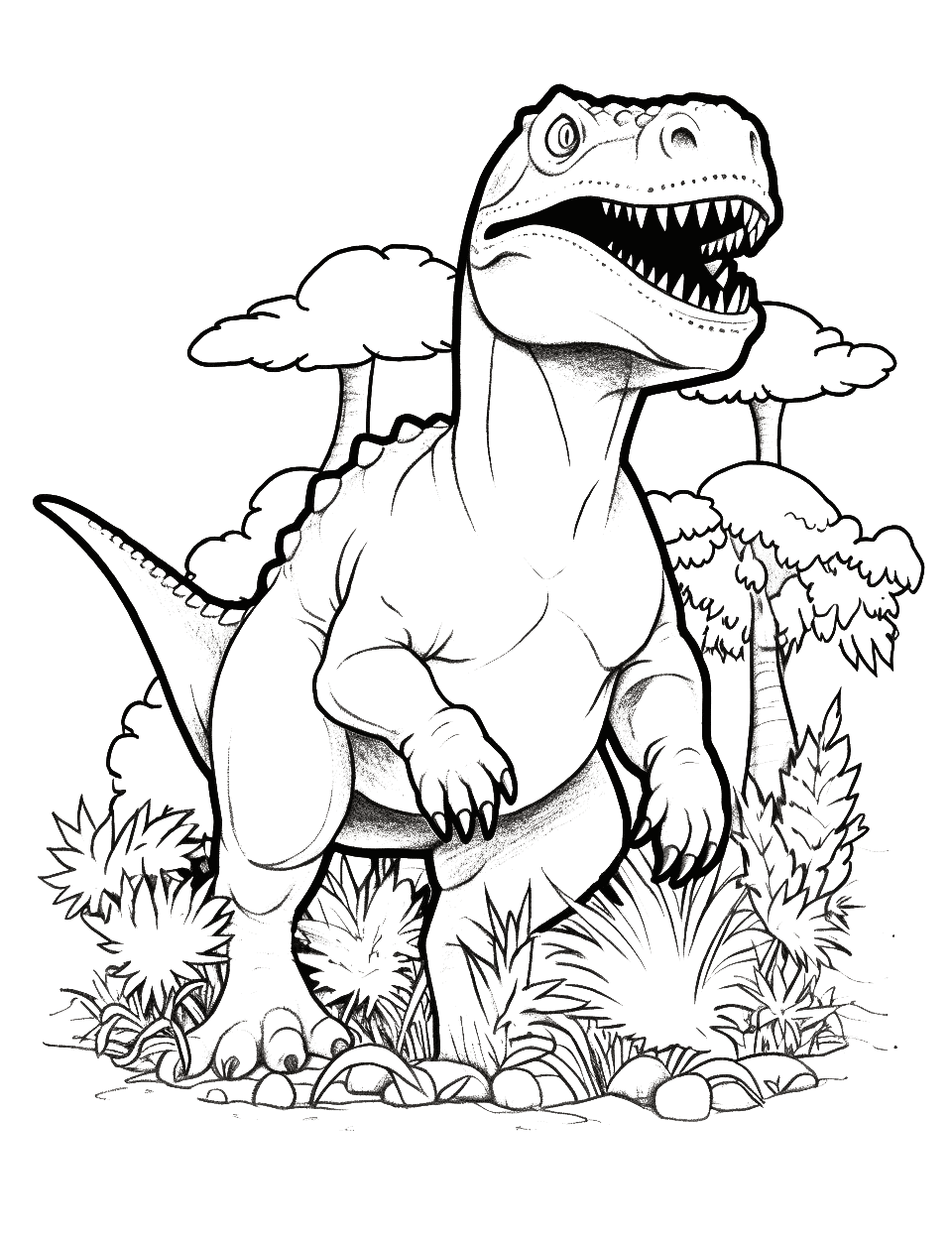 T-Rex Chase Coloring Page - A T-Rex chasing smaller dinosaurs through the jungle.