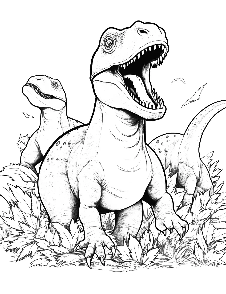 Raptor Pack in Action Coloring Page - The Velociraptor pack in an action scene from Jurassic World.