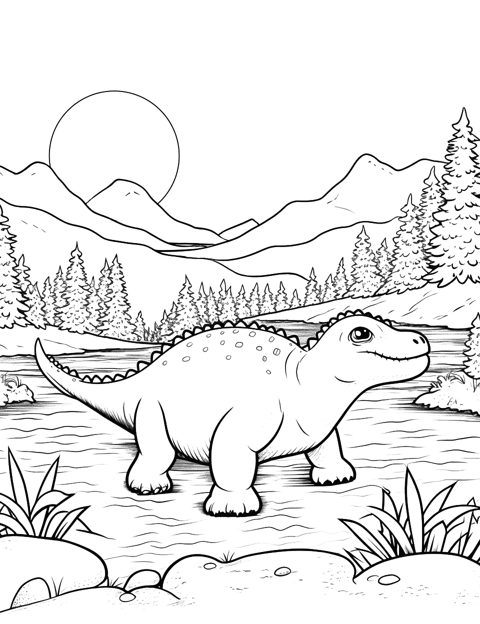 Ankylosaurus Crossing a River Coloring Page - An Ankylosaurus and its baby crossing a prehistoric river.