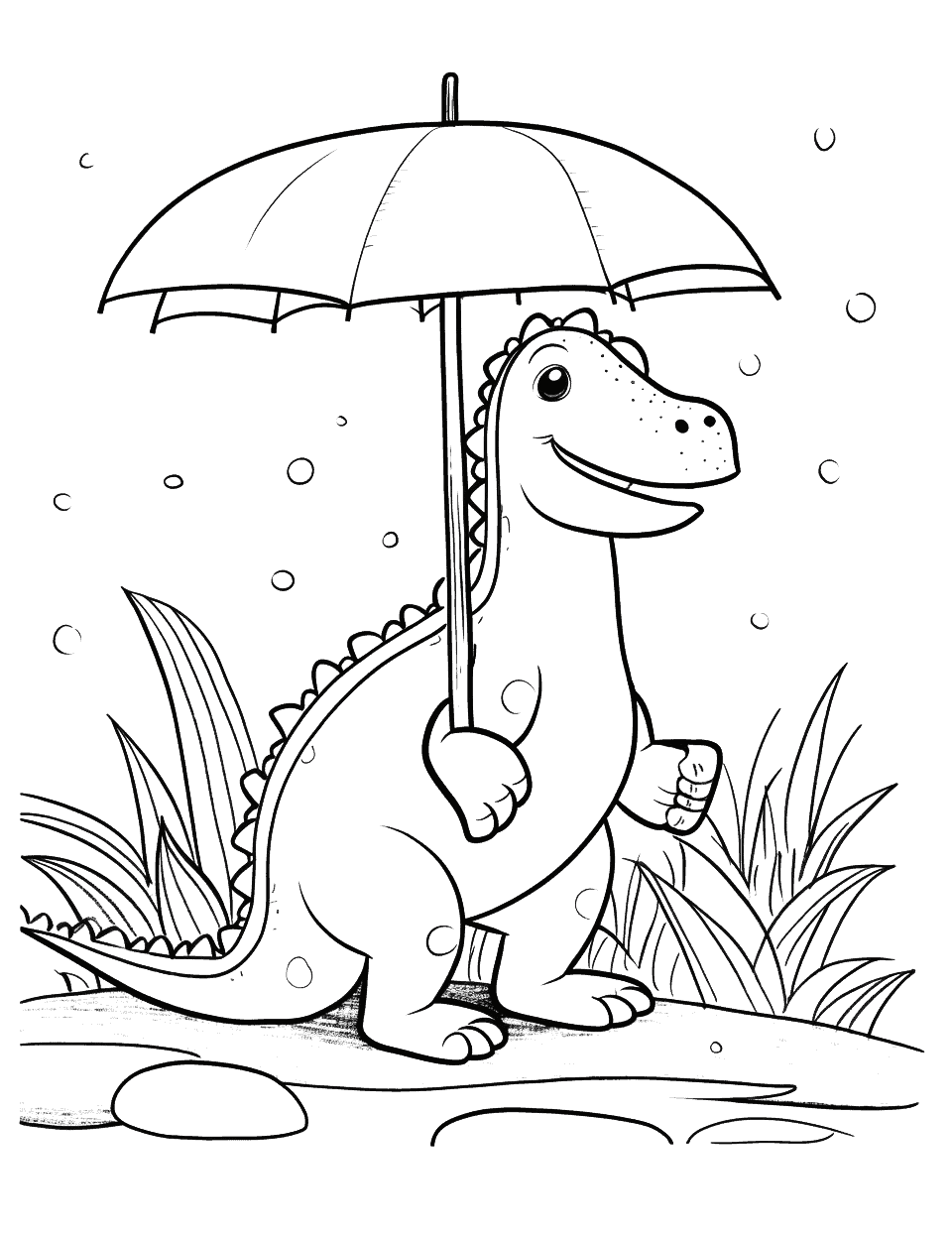 Baryonyx Holding an Umbrella Coloring Page - A Baryonyx hunting in a swamp during a rainstorm using an umbrella.