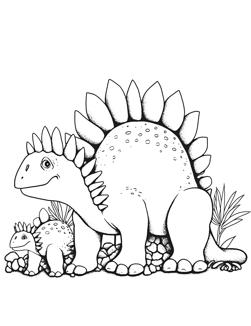 Stegosaurus Family Coloring Page - A family of Stegosaurus grazing peacefully.