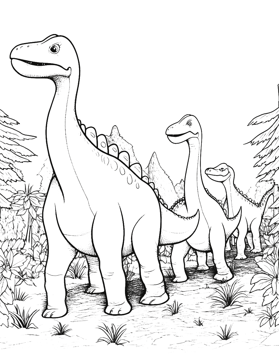 Parasaurolophus Parade Coloring Page - A parade of Parasaurolophus walking through the forest.