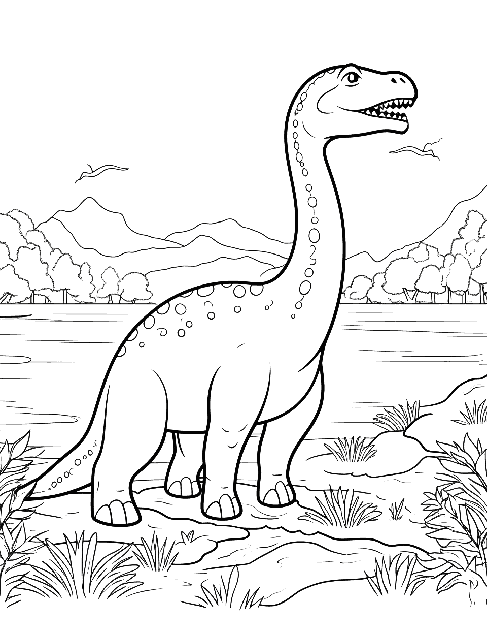 Brachiosaurus at the River Coloring Page - A Brachiosaurus drinking water from a prehistoric river.