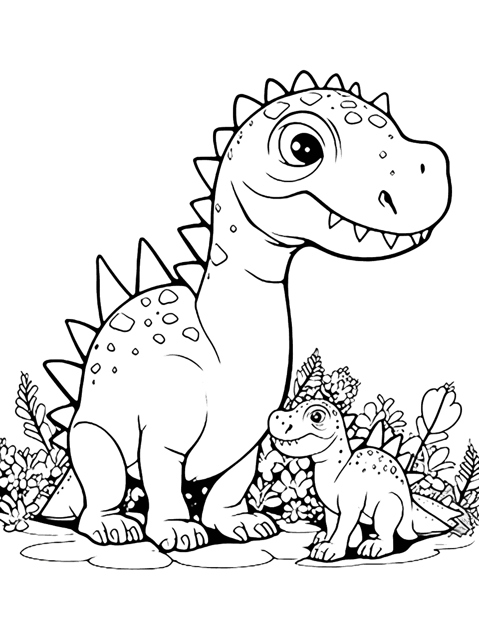 Baby Dino and Parent Coloring Page - A baby dinosaur interacting with its parent in a touching scene.
