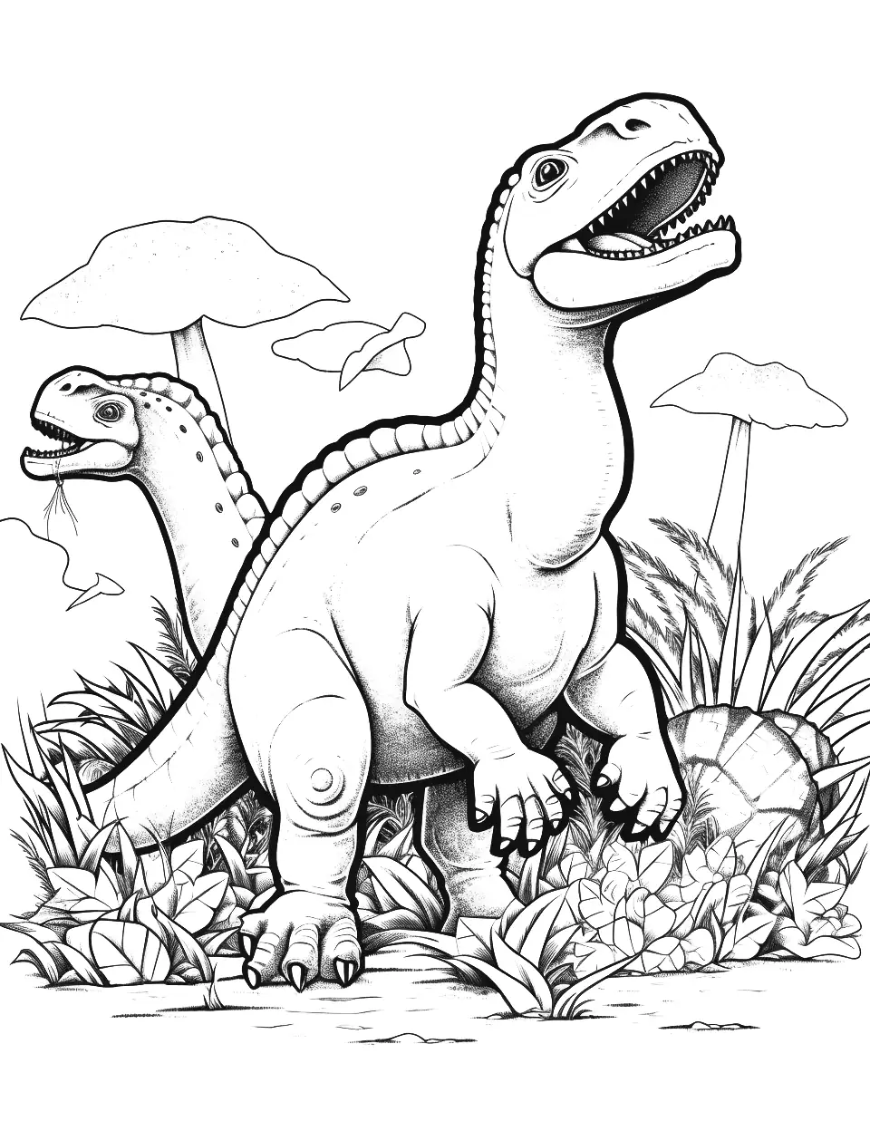 Jurassic World Dino Run Coloring Page - Dinosaurs escaping from their enclosures in Jurassic World.