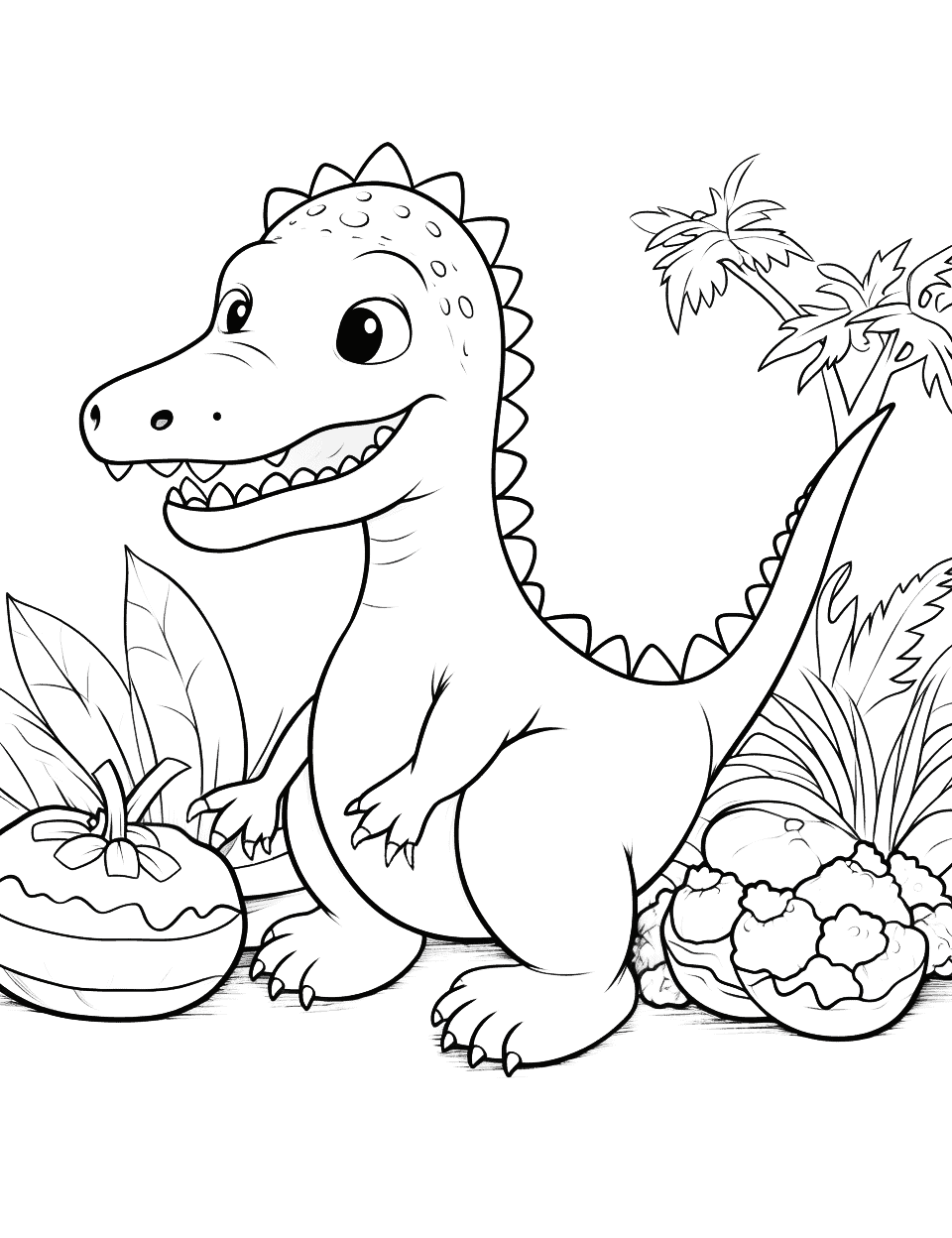 Cute Dino Picnic Coloring Page - Cute dinosaur having a picnic, complete with prehistoric fruits.