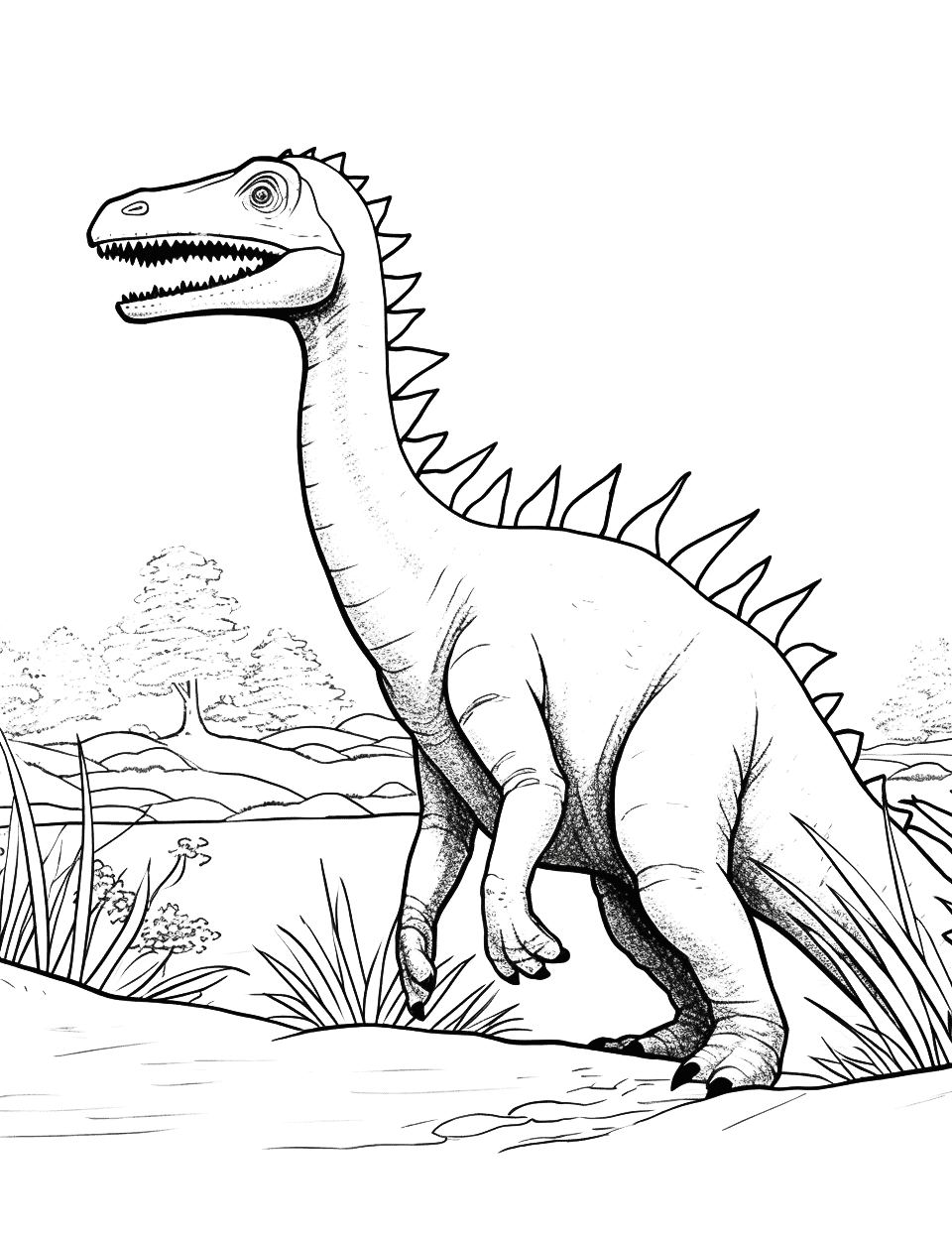 Realistic Spinosaurus Coloring Page - A detailed, realistic Spinosaurus prowling near a prehistoric river.