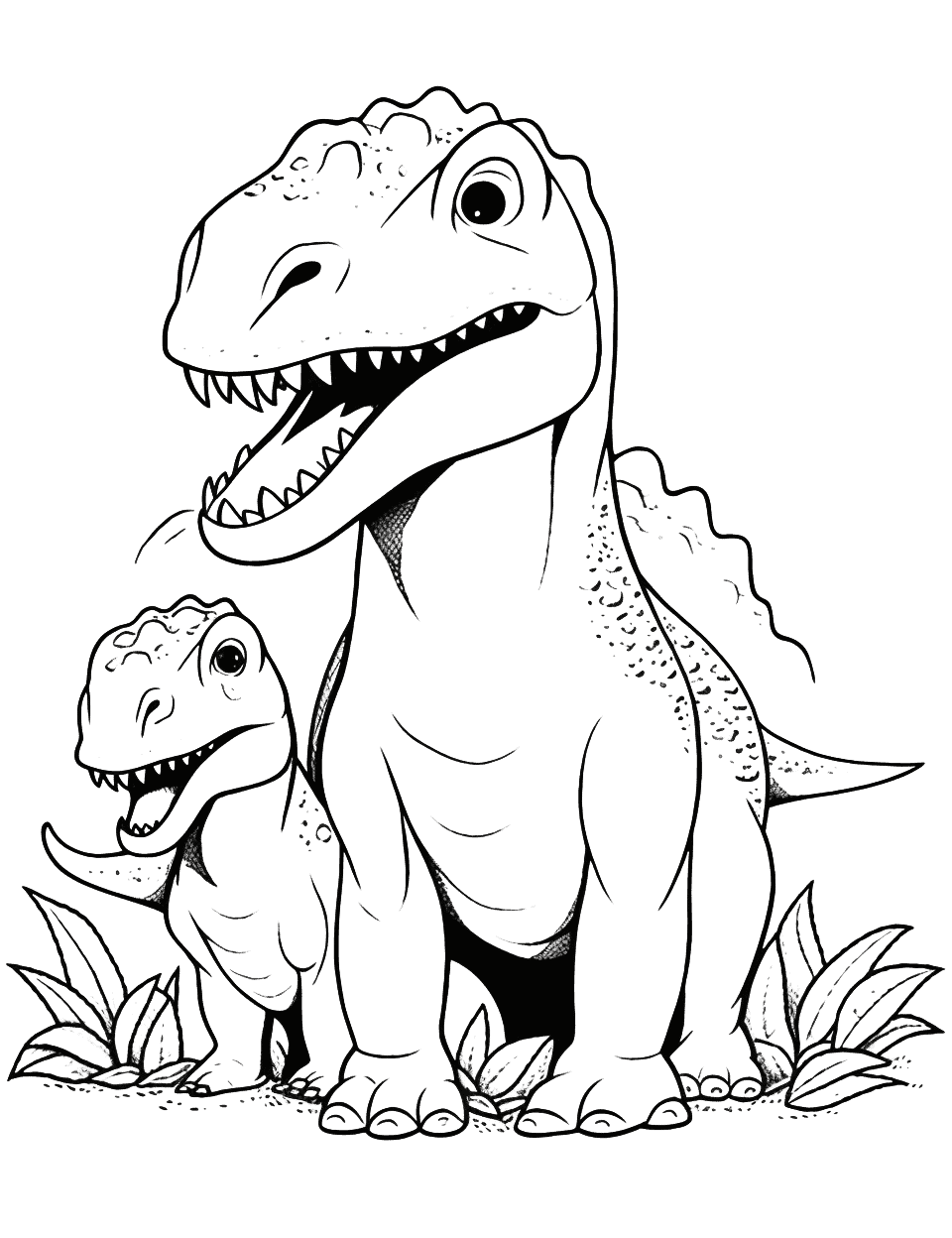 T-Rex Family Coloring Page - A family of T-Rex, featuring a parent and baby T-Rex.