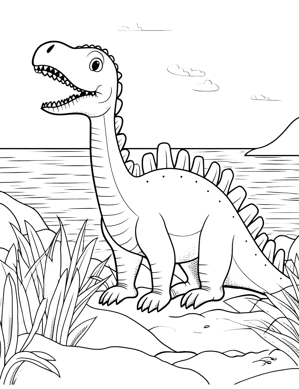 Spinosaurus on the Shore Coloring Page - A Spinosaurus looking out over the sea, looking for fish to eat.