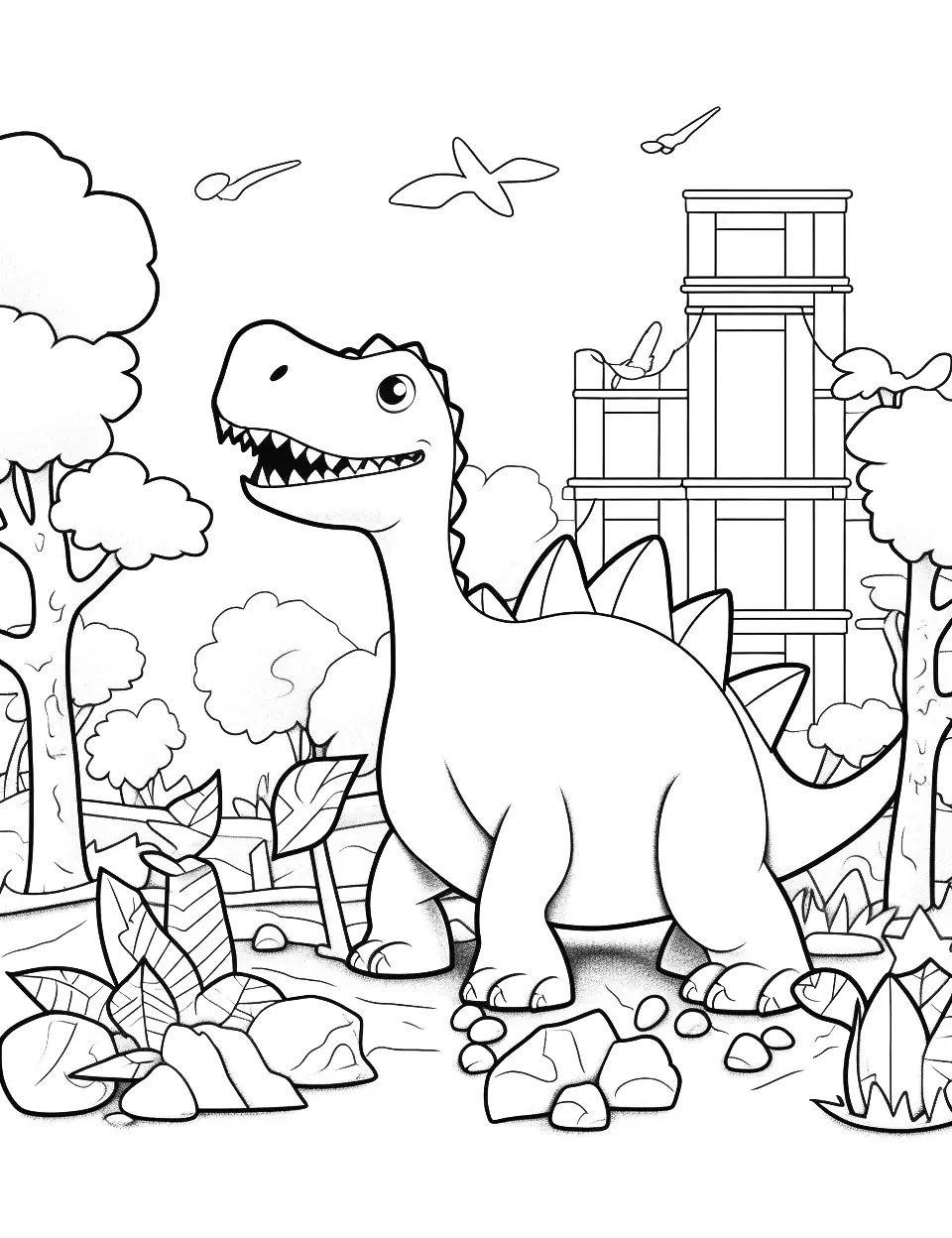 Preschool Dino Playground Coloring Page - Preschool-friendly dinosaurs playing on a dinosaur-themed playground.