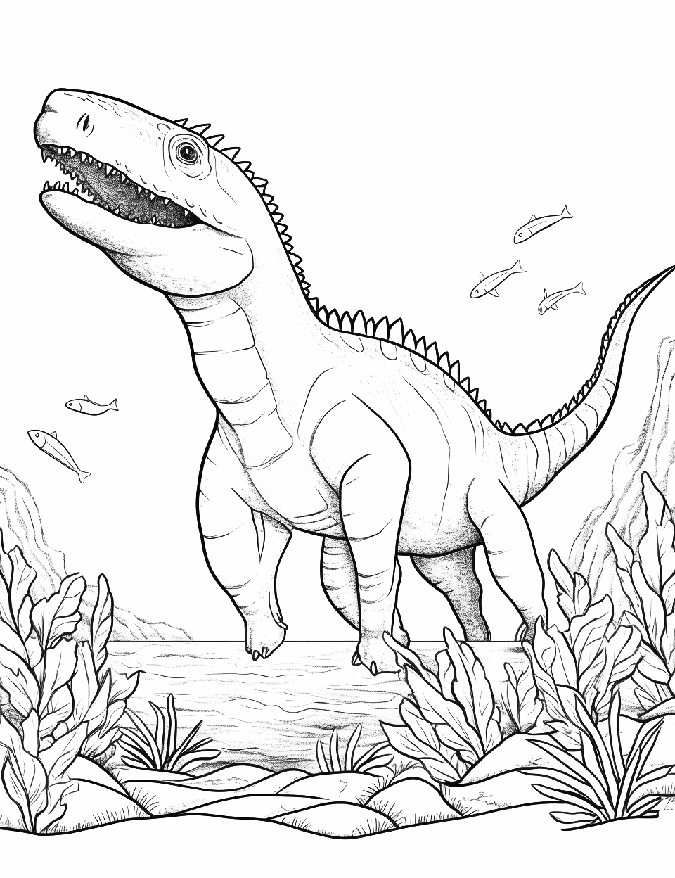 Mosasaurus in the Deep Dinosaur Coloring Page - The Mosasaurus explores the depths of the prehistoric sea.