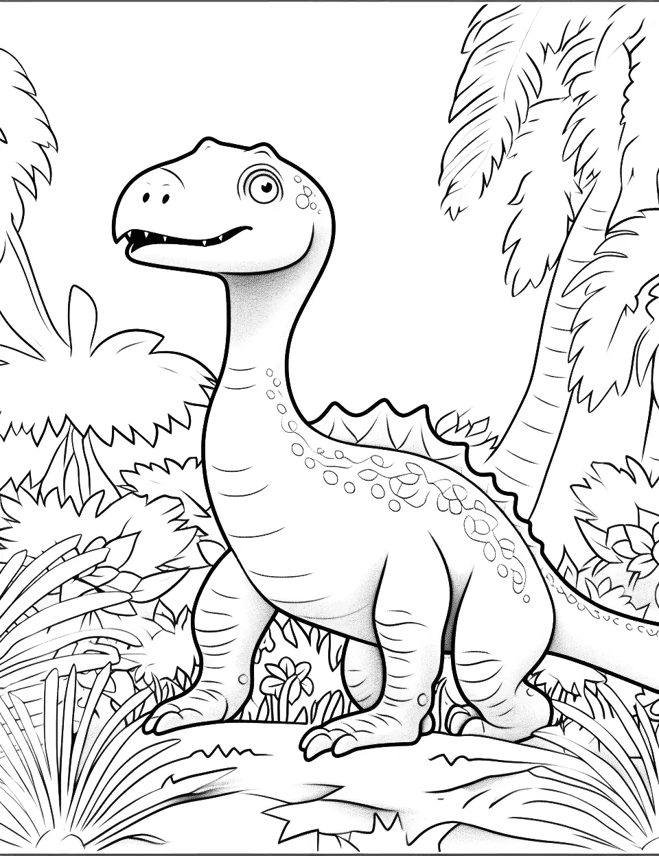 Raptor in the Rainforest Coloring Page - A raptor navigating through lush prehistoric rainforest.