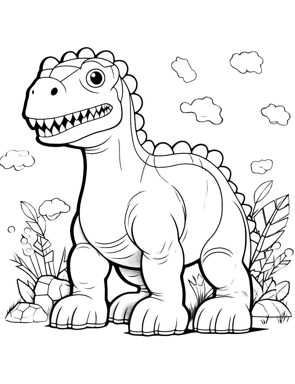 Cartoon Dinosaur Coloring Page - A coloring page featuring a cartoon-like dinosaur, in the outdoors.