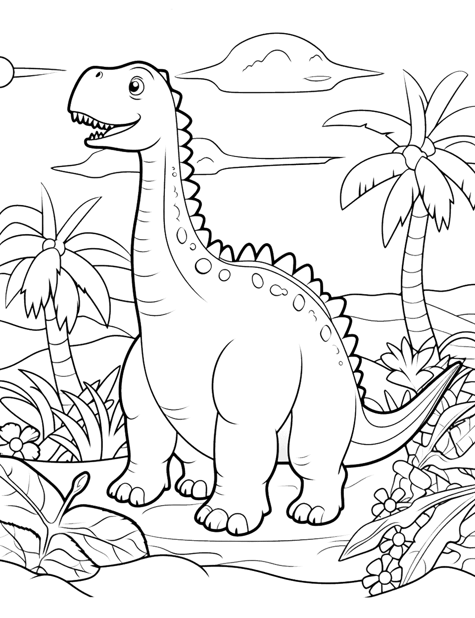 Easy Dinosaur Scene Coloring Page - A simple, easy to color scene with a friendly Brachiosaurus munching on leaves.