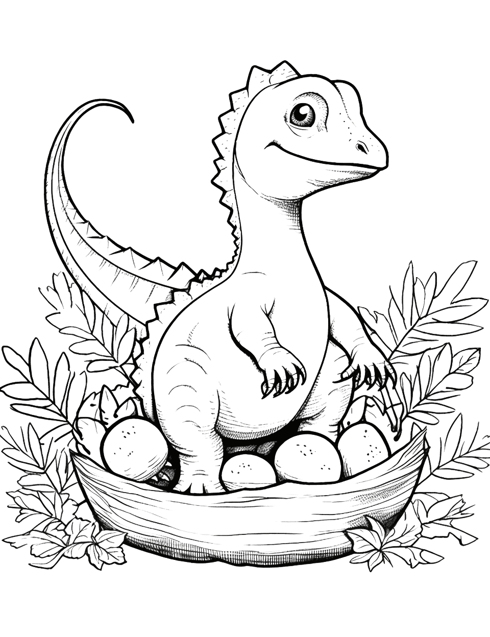 Baby Dinosaur and Eggs Coloring Page - A baby dinosaur with a nest full of unhatched eggs awaits its siblings.