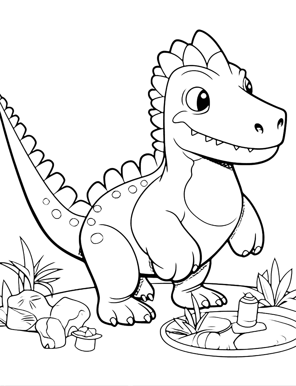 Preschool Dino Pal Coloring Page - Cartoonish, preschool-friendly dinosaur having a meal.