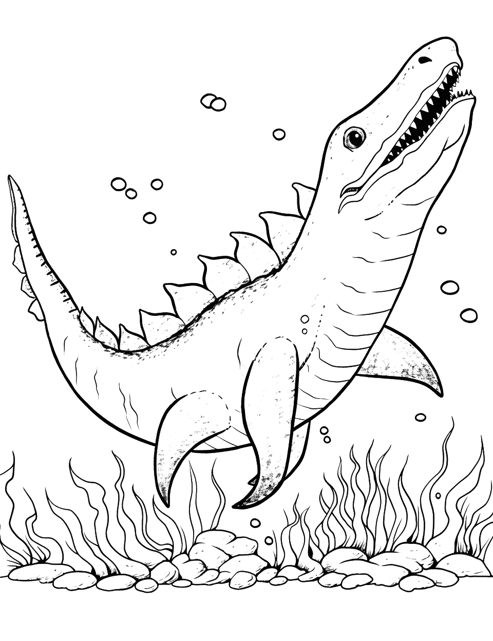 Mighty Mosasaurus Coloring Page - The underwater Mosasaurus chasing fish in the deep sea.