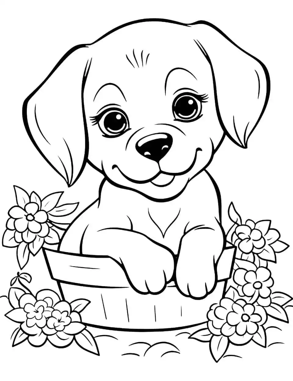 Cute Puppy in a Basket Dog Coloring Page - A tiny, cute puppy sitting inside a basket, surrounded by flowers.