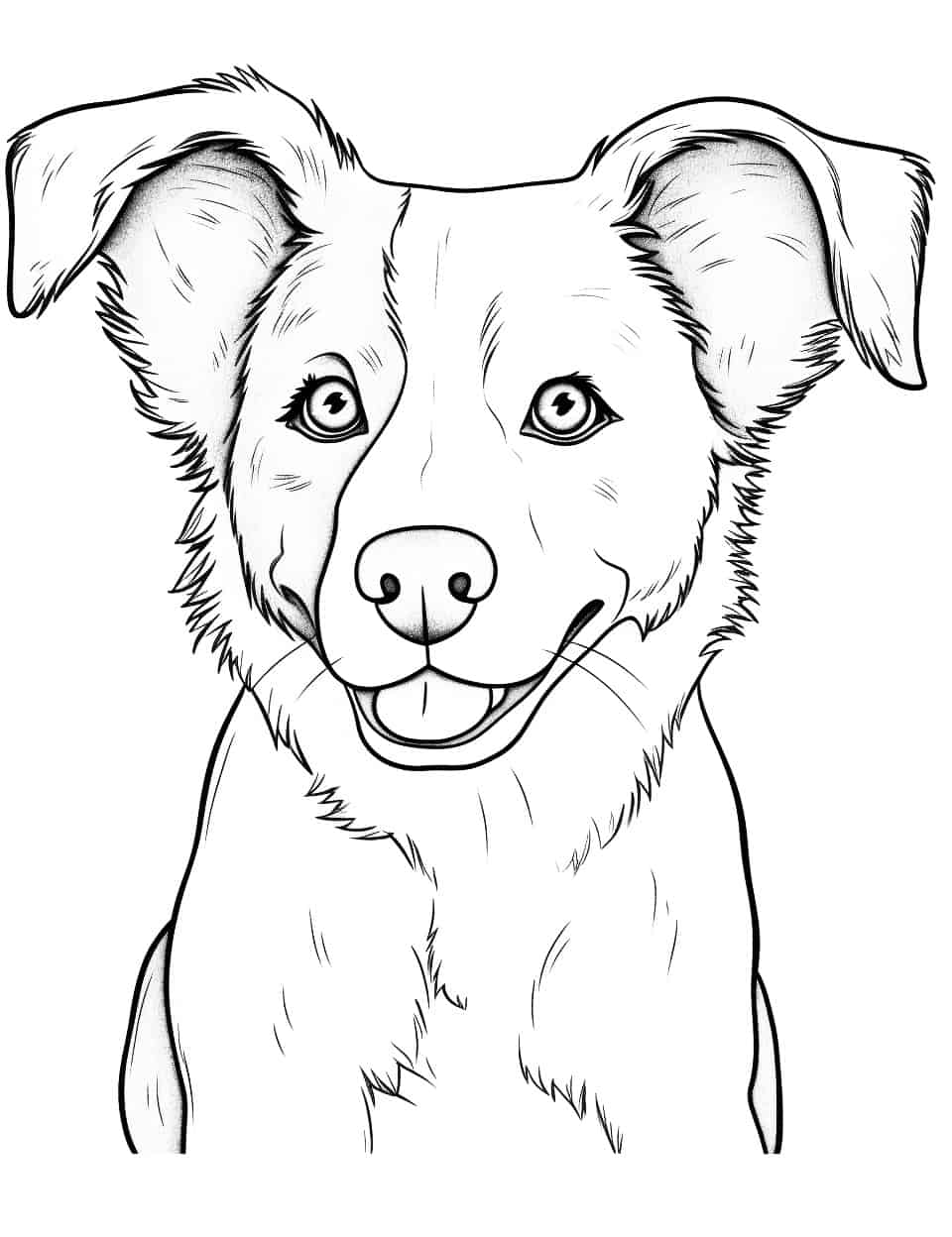 Full Page Border Collie Dog Coloring - The head and shoulders fill the whole sheet on this one, ears reaching out to the edges. Border Collies are usually black and white, so decide where the white patches go before you start. The eyes are drawn with real detail and deserve a careful hand. Print it large and it makes a decent wall page once it is done.