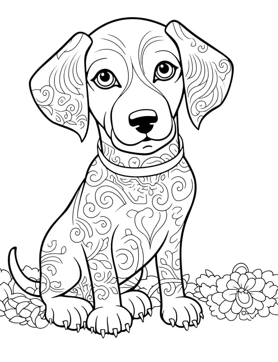 Mandala Background Dachshund Coloring Page - A cute Dachshund with a beautiful mandala design in the background for older kids to color.