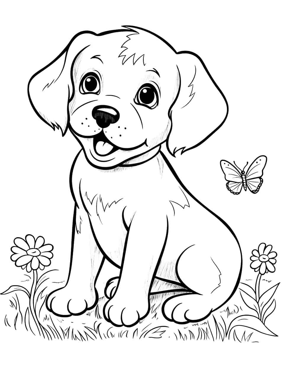 Puppy and a Butterfly Dog Coloring Page - A curious puppy sits in the grass while a butterfly hovers at shoulder height. Two daisies and a few blades of grass are the only extras, so the page stays uncluttered. Butterflies are the one place to go bold, purple or orange against a plain tan pup. Suits a five or six year old nicely.