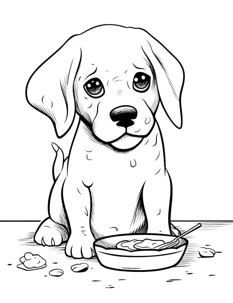 Beagle's Breakfast Coloring Page - A Beagle puppy making a mess while trying to eat his breakfast.