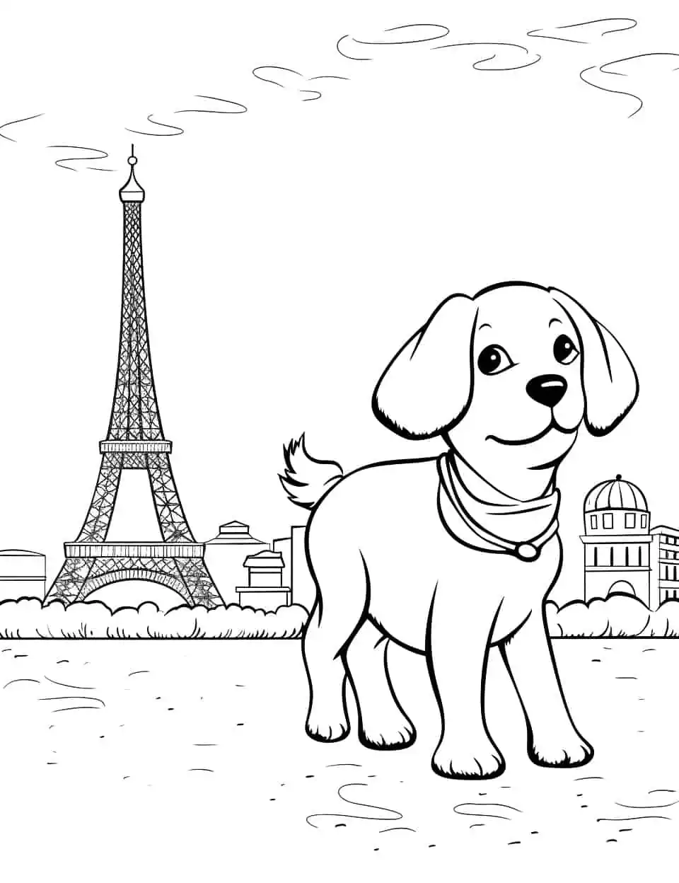 Poodle in Paris Dog Coloring Page - A chic poodle strolling in front of the Eiffel Tower.