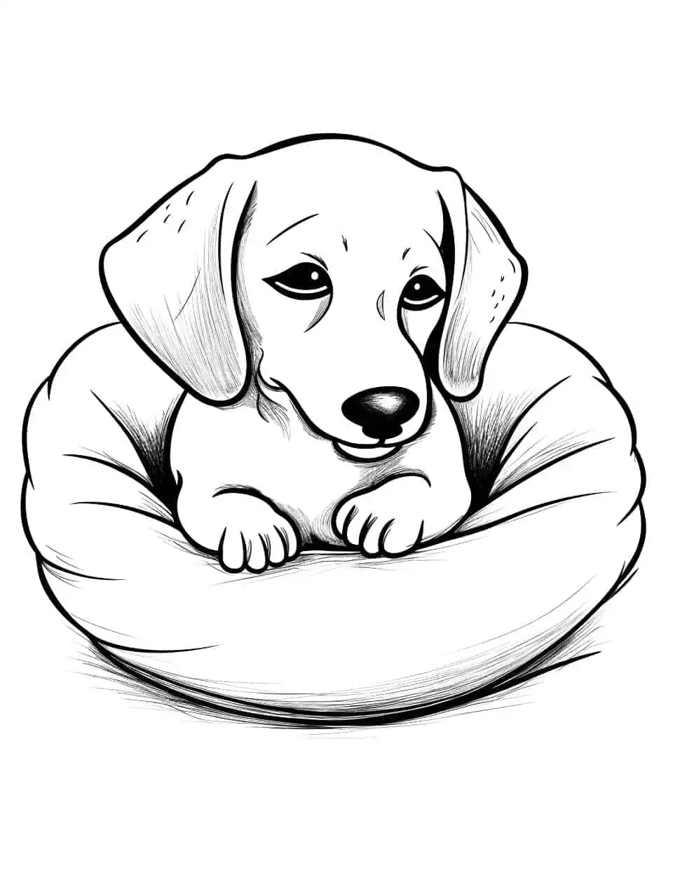 Dachshund's Nap Time Dog Coloring Page - A Dachshund sleeping in a cozy dog bed.