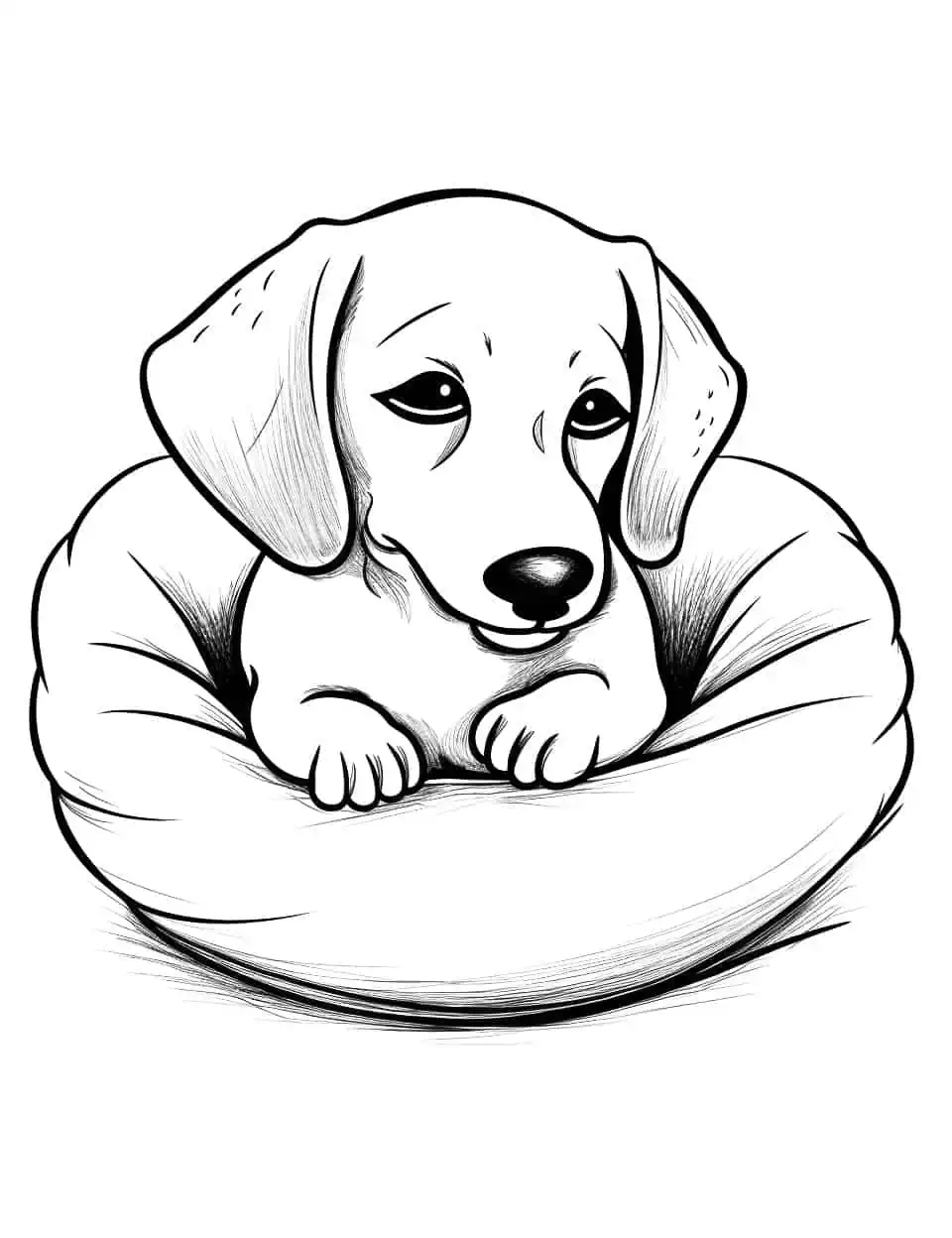 Dachshund's Nap Time Dog Coloring Page - A Dachshund is sleeping in a cozy dog bed.