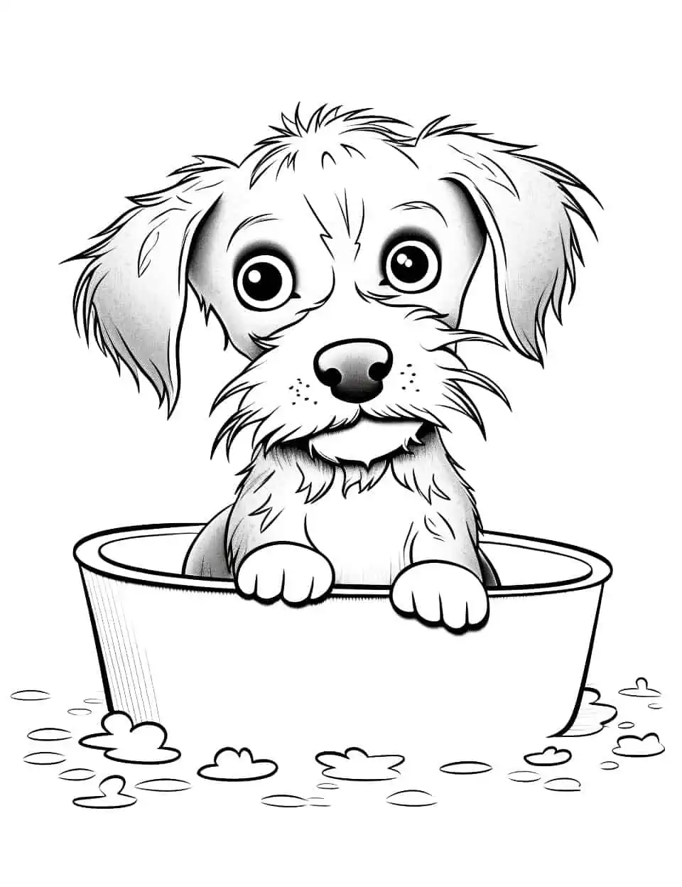 Yorkie Puppy Bath Time Coloring Page - A cute Yorkie puppy's reactions during bath time.