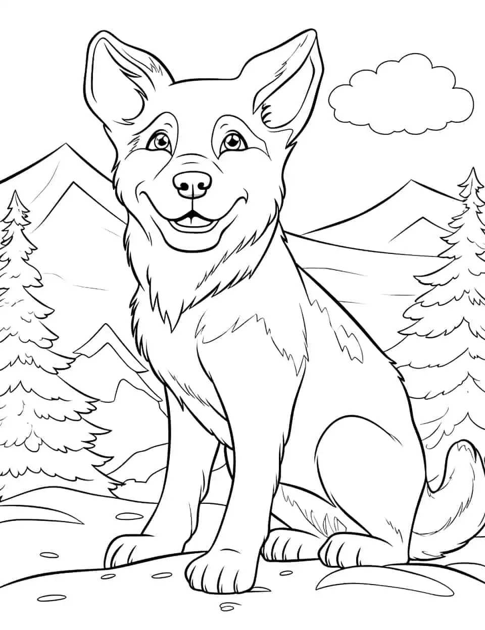 Husky in the Snow Coloring Page - A beautiful Husky sitting in the snow, with snow-covered pine trees in the background.