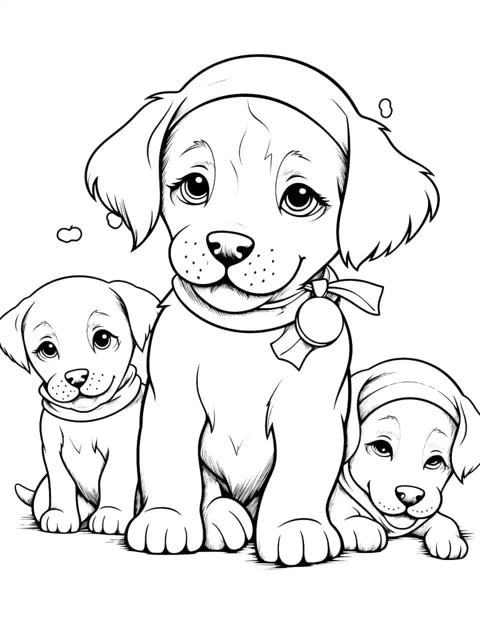 Cute Christmas Puppies Dog Coloring Page - Several puppies wearing Christmas costumes and playing with Christmas decorations.