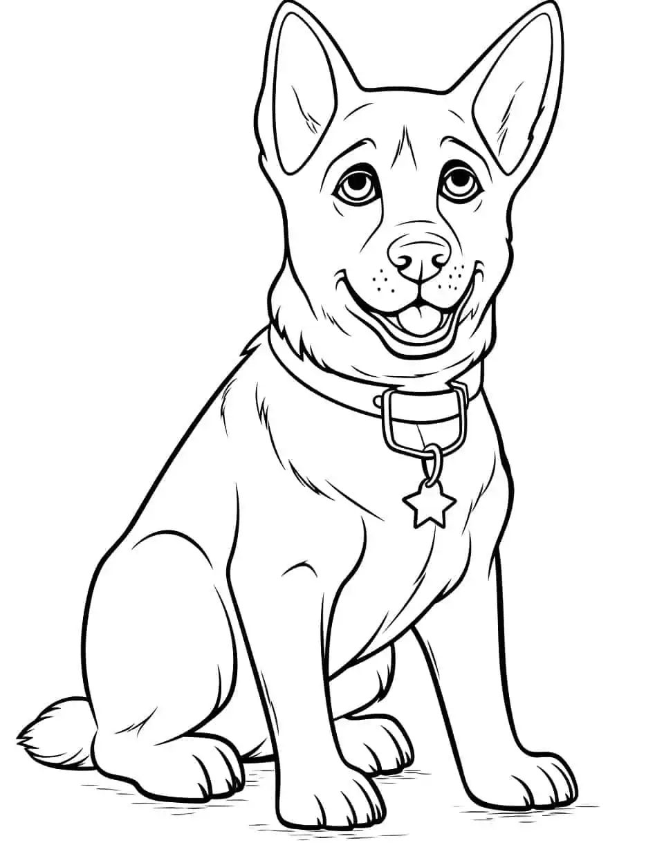German Shepherd On Duty Dog Coloring Page - A German Shepherd serving as a police dog with a beautiful star collar.