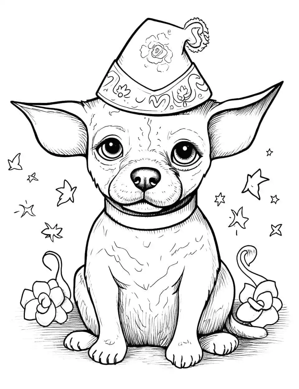 Chihuahua Fiesta Dog Coloring Page - A Chihuahua wearing a funny hat, surrounded by decorations.