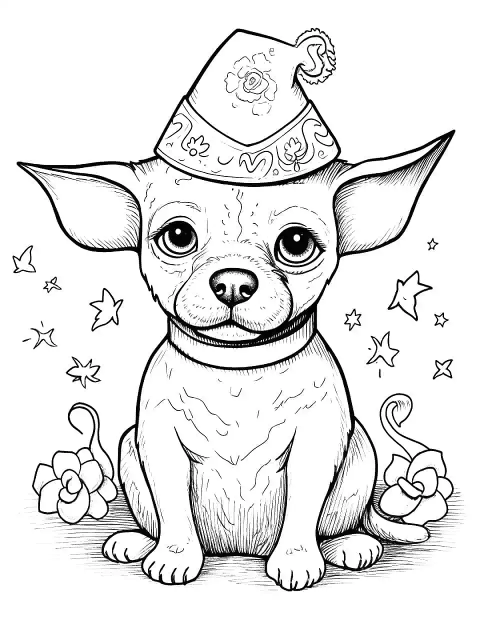 Chihuahua Fiesta Dog Coloring Page - A Chihuahua is wearing a funny hat and is surrounded by decorations.