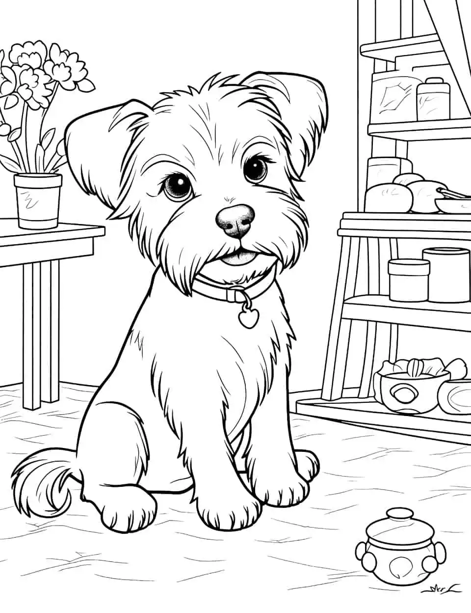 Yorkie in the Kitchen Coloring Page - A pampered and groomed Yorkie sitting in the kitchen waiting for dinner.