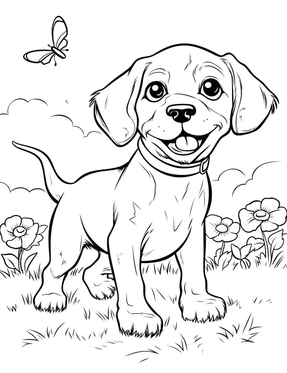 Playful Beagle Dog Coloring Page - A playful Beagle chasing a butterfly across a park.