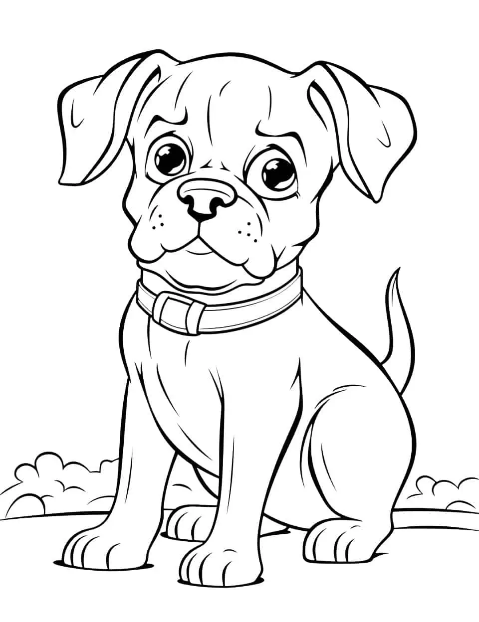 Big Ears Boxer Dog Coloring Page - A funny coloring page of a Boxer dog sitting outdoors wearing a collar.
