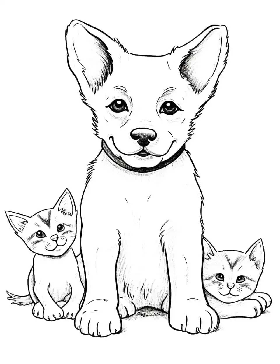 German Shepherd and Kittens Dog Coloring Page - A gentle German Shepherd playing with kittens, showing their protective nature.