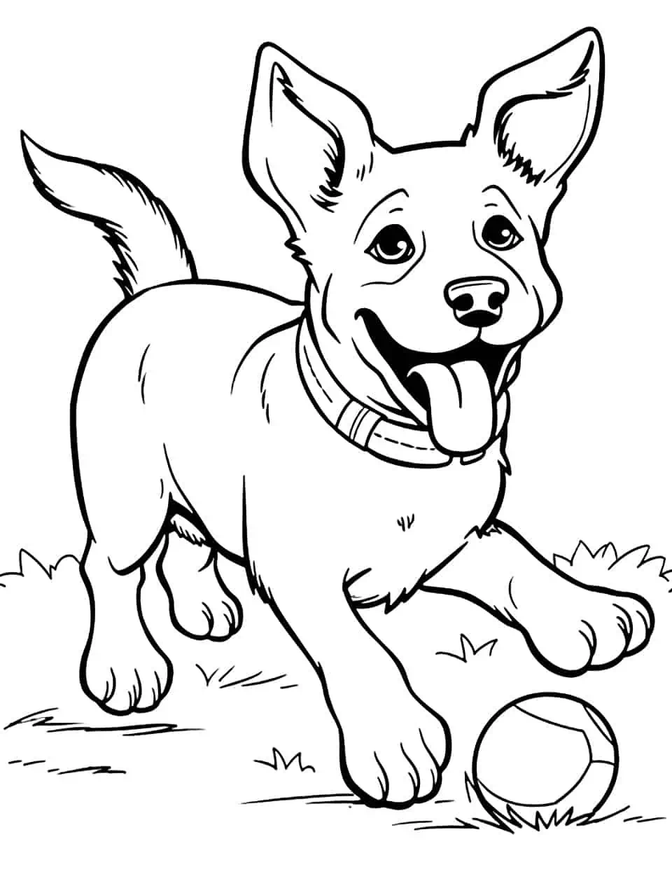 Playful German Shepherd Coloring Page - An easy-to-color image of a playful German Shepherd chasing a ball.