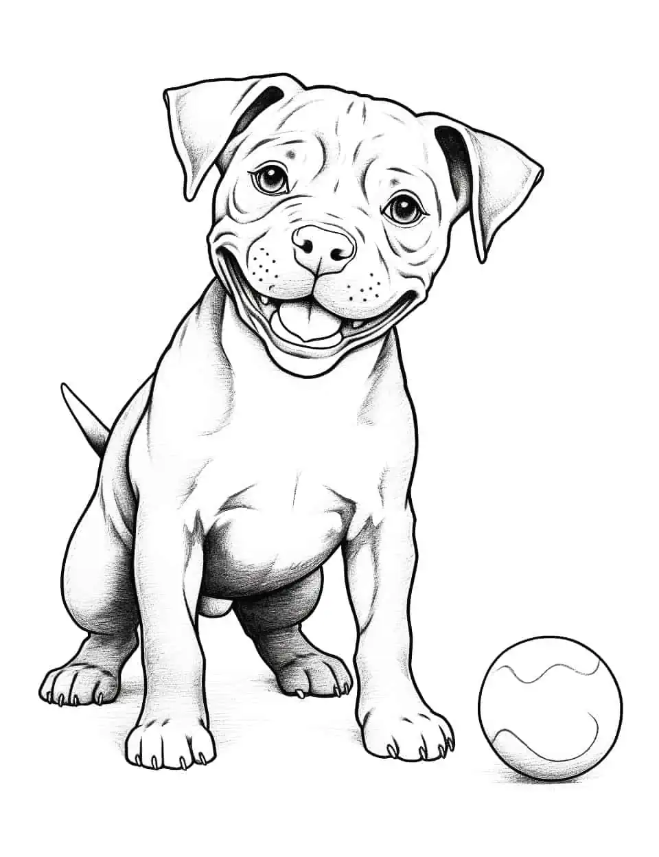 Pitbull Puppy Playing Coloring Page - An adorable Pitbull puppy playing with a colorful ball.