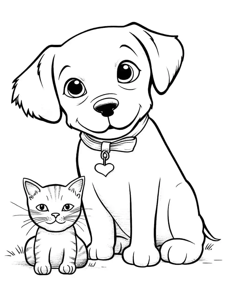 Animal Friends Dog Coloring Page - A puppy and a kitten becoming best friends.