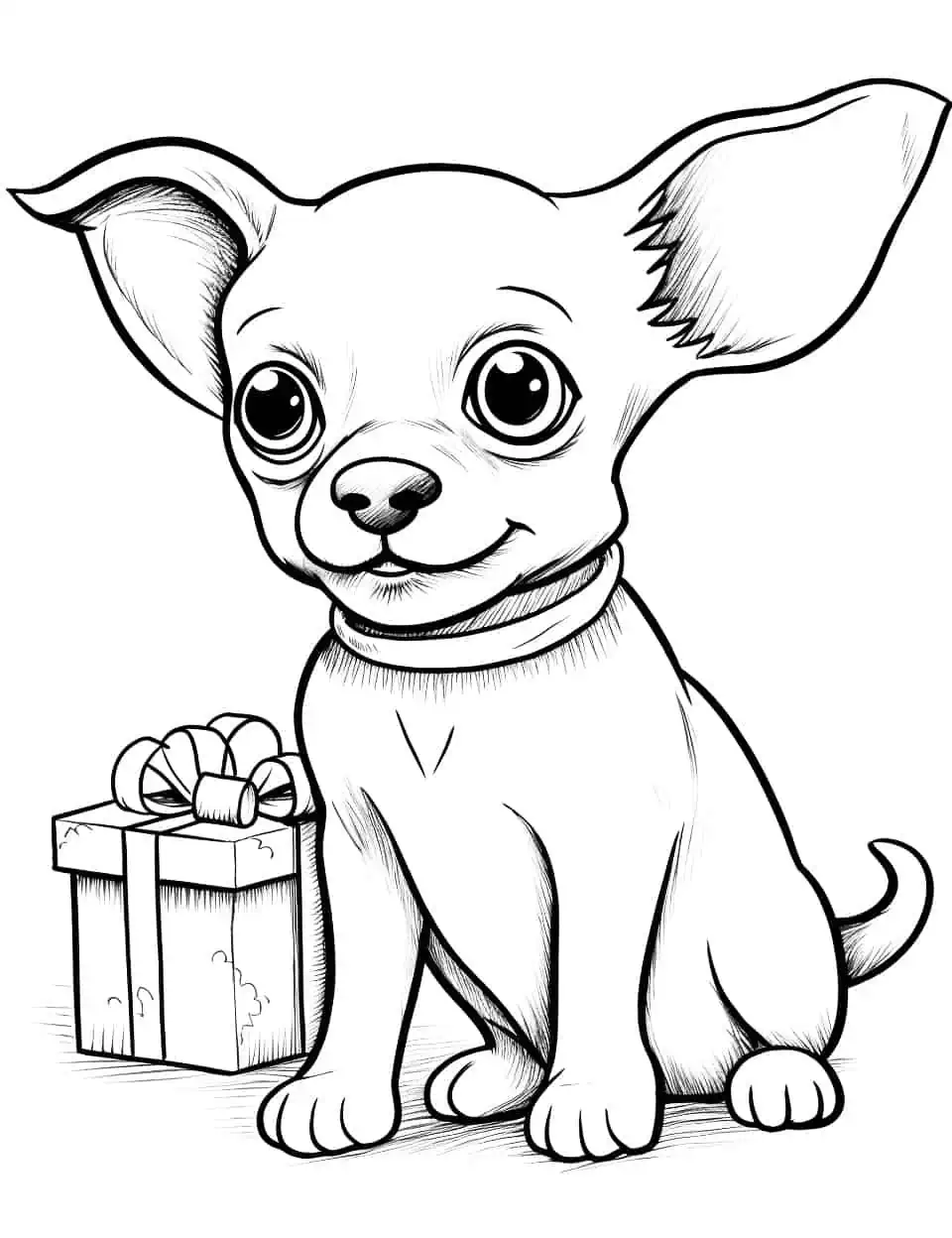 Christmas with a Chihuahua Dog Coloring Page - A chihuahua puppy is opening a Christmas present.