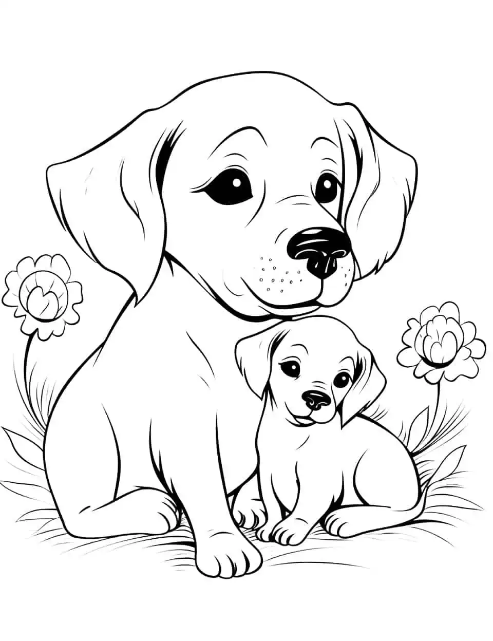 Baby Dog and Mother Coloring Page - A heartwarming scene of a baby dog cuddling with its mother.