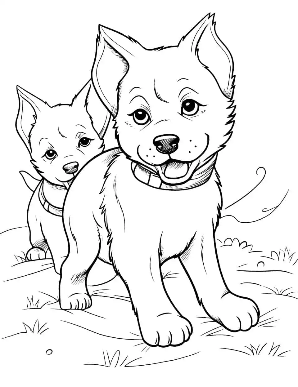 Playful Husky Puppies Coloring Page - Two adorable Husky puppies playing in the grass.